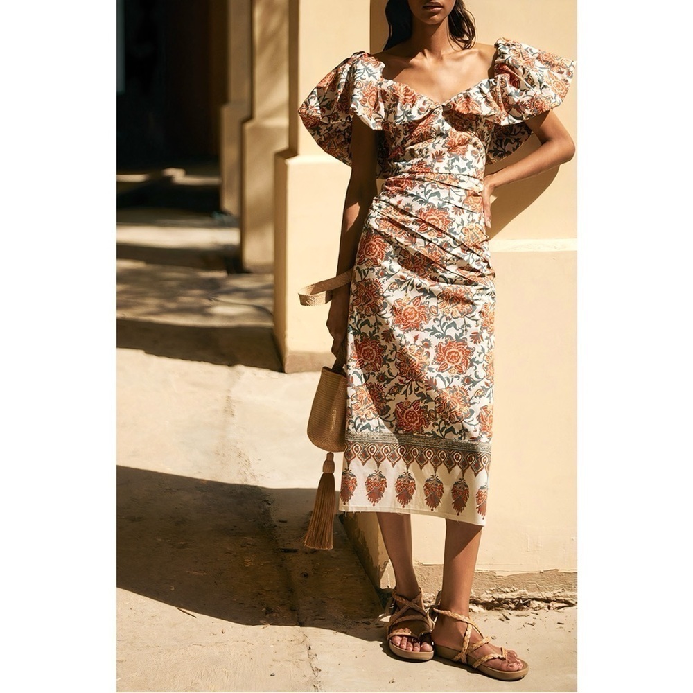 NWT Johanna Ortiz Midi White Floral Puff-Sleeve Art de Vivre Dress